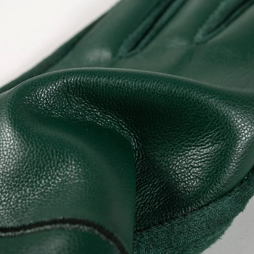 Women's Green Winter Leather Suede Gloves Wool Lined Windproof Touchscreen